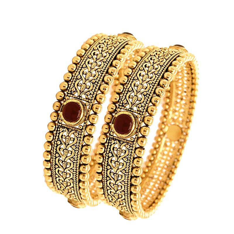 Ceremonial Textured Cutout Ruby Gemstone 22kt Gold Bangles