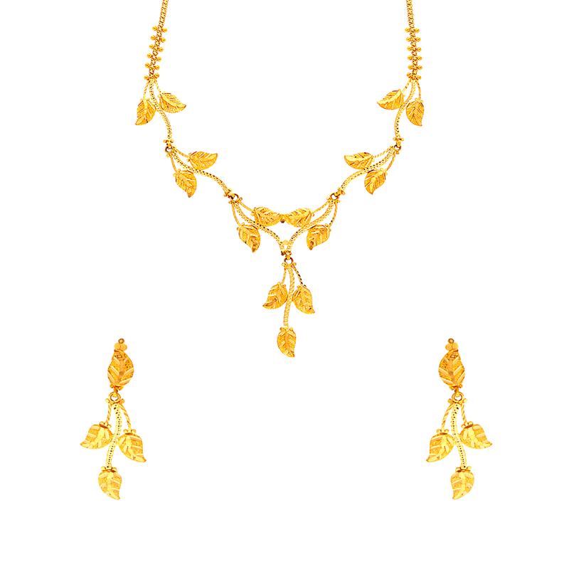 Traditional Leaf Textured Gold Necklace Set