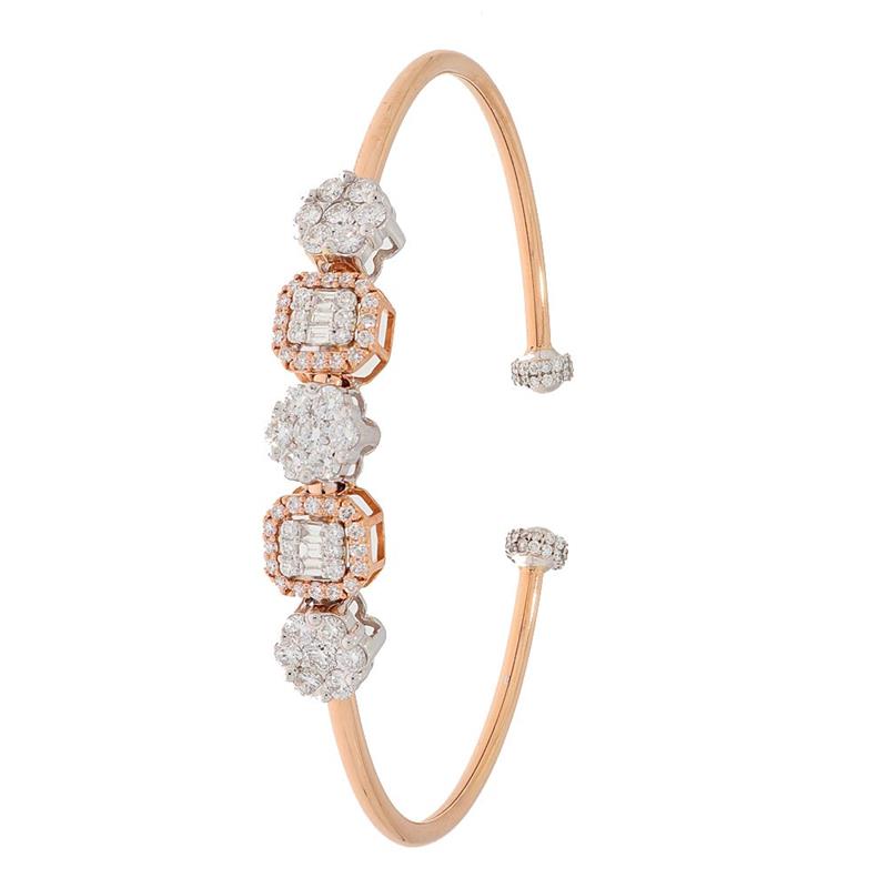 Sparkling Prong Set Floral Halo Cuff Design Two Tone Diamond Bracelet