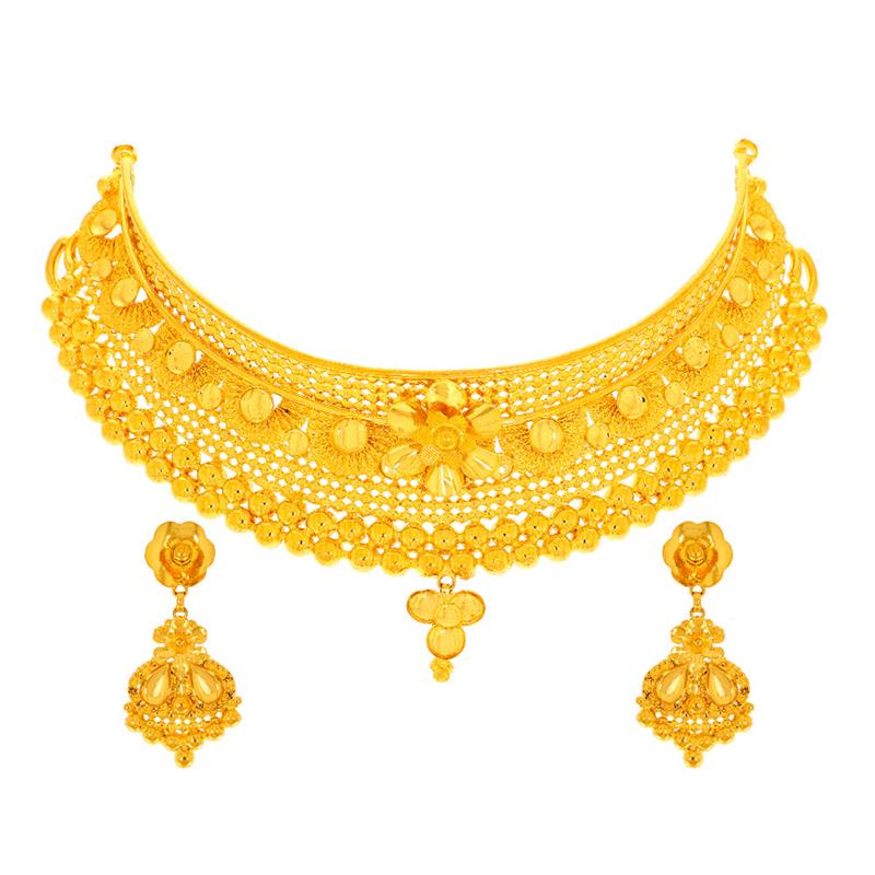 Ceremonial Textured Floral Chokar Gold Necklace Set