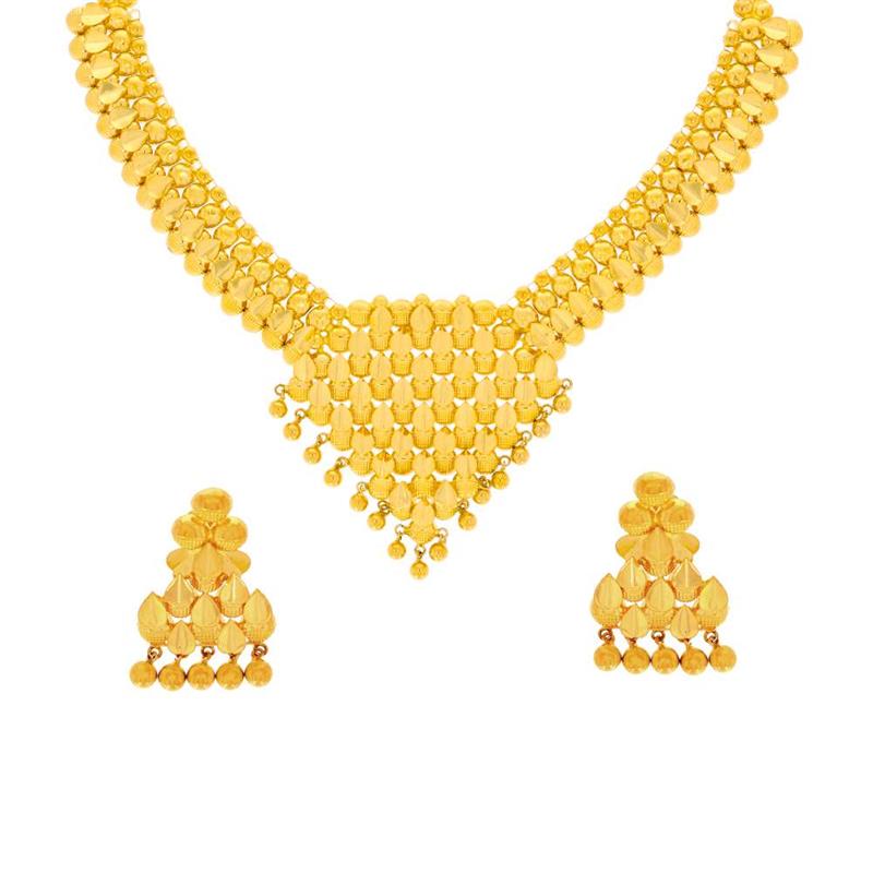 Glossy Finish Diamond Cut Leafy Design Gold Necklace Set