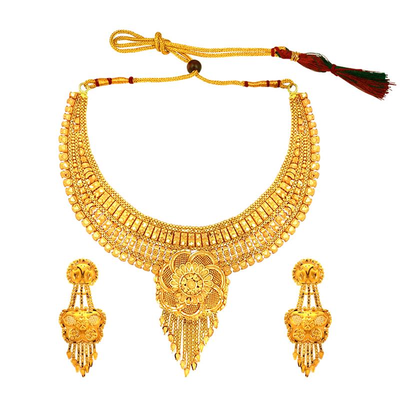 Attractive Traditional Embossed Yellow Gold 22kt Necklace Set