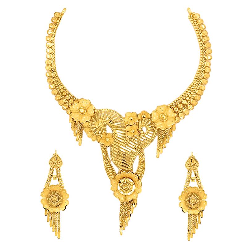 Attractive Fancy Floral Yellow Gold 22kt Necklace Set