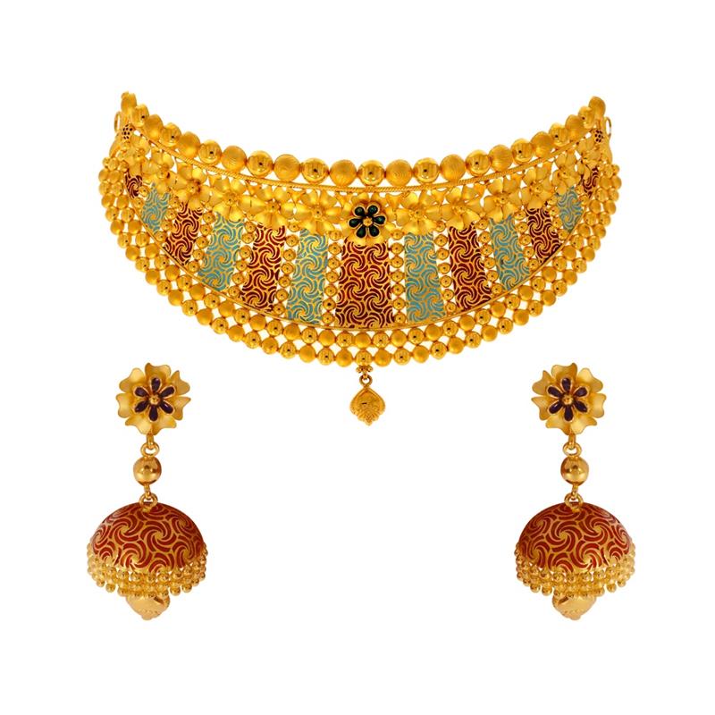 Traditional Enamel Floral Gold Necklace Set