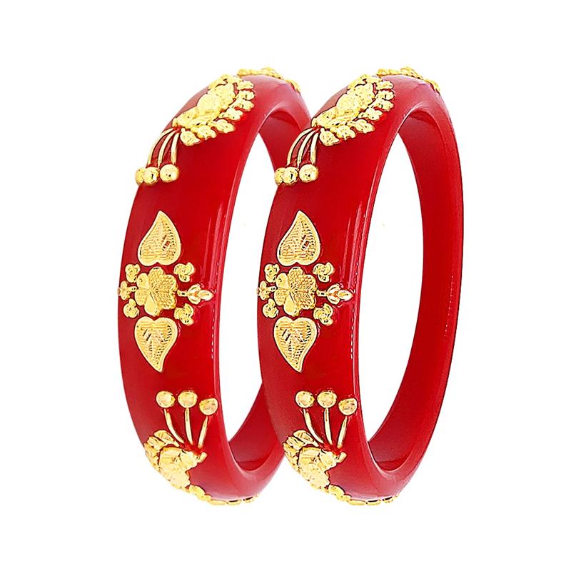 Ceremonial Embossed Floral Leaf Synthetic Pola Gold Bangles (Set Of Two)