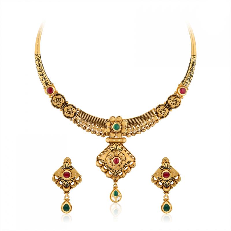 ANTIQUE-STYLED KUNDAN & GOLD NECKLACE SET