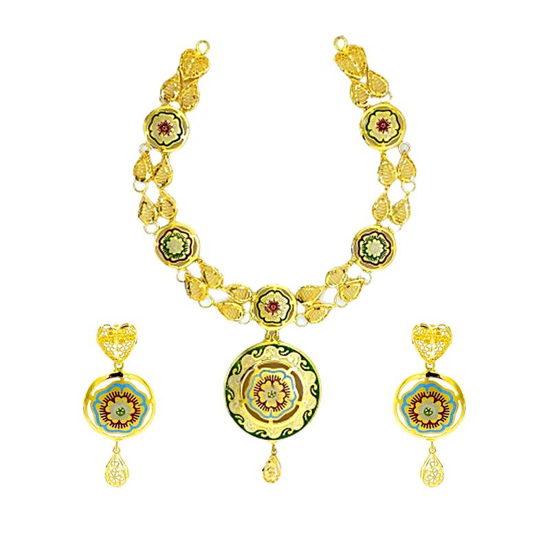 Stunning Enamel Floral Yellow Gold 22kt Necklace Set