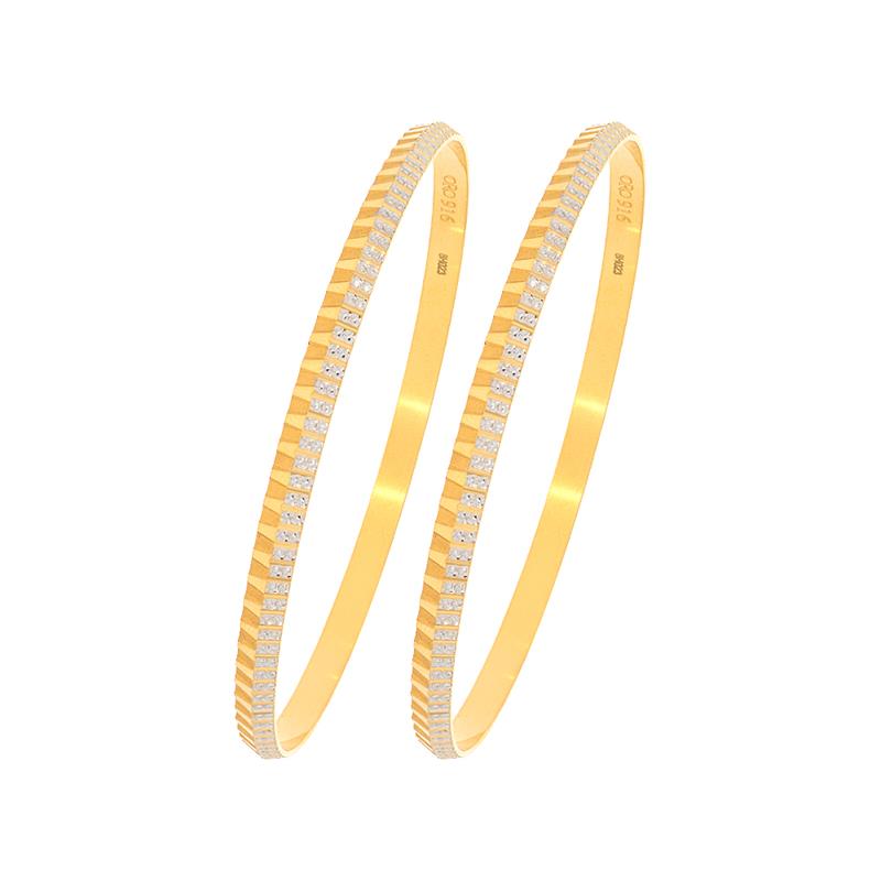 Textured Rhodium Polish Gold Bangle (Set Of Two)