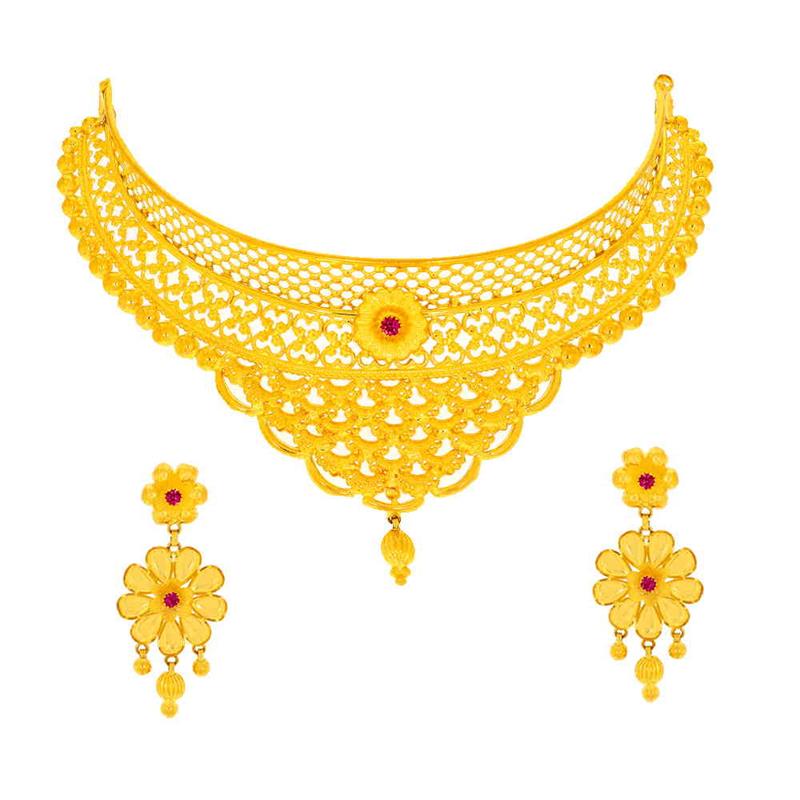 Glossy Matte Finish Filigree Floral Drop Chokar Design  Necklace Set