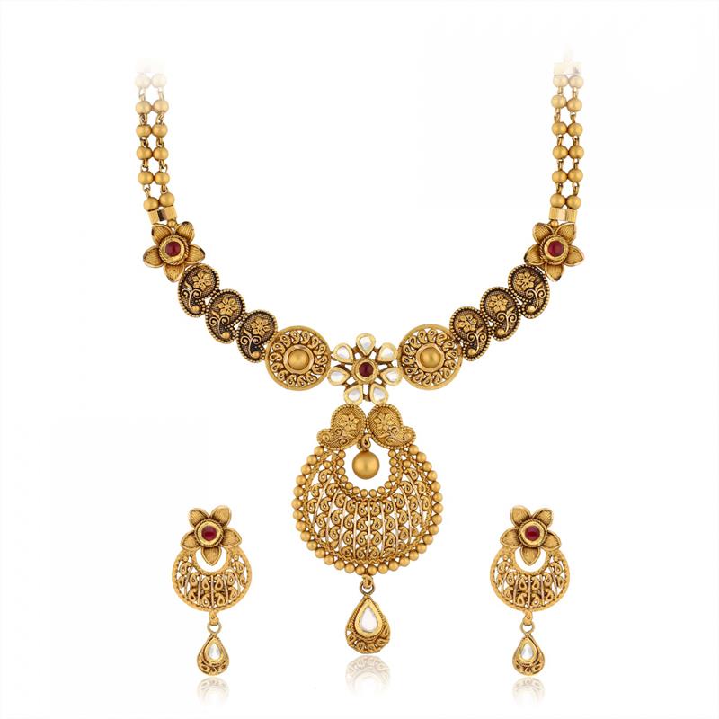 ANTIQUE-STYLED FLOWER GOLD NECKLACE SET